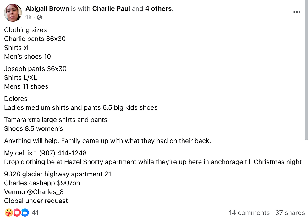 A public Facebook post seeking help for a family that lost its home and possessions in a fire at Switzer Village Mobile Home Park on Monday, Dec. 22, 2025.
