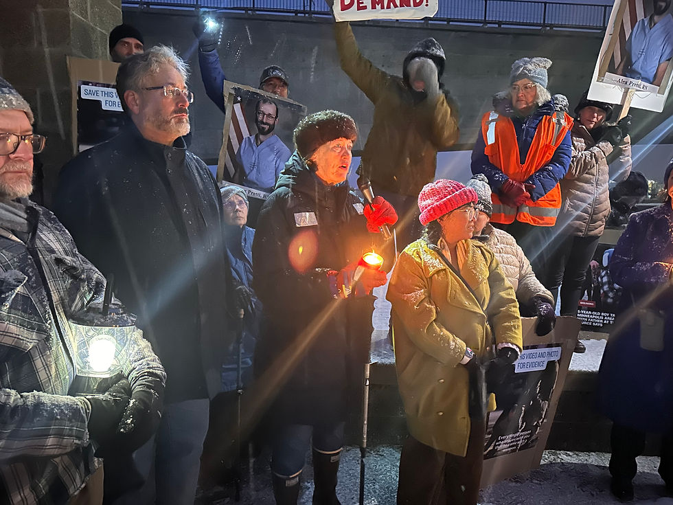 State Rep. Sara Hannan, D-Juneau, joins other legislators addressing people at a Trump administration protest at Mayor Bill Overstreet Park on Sunday, Jan. 25, 2026. (Mark Sabbatini / Juneau Independent) 