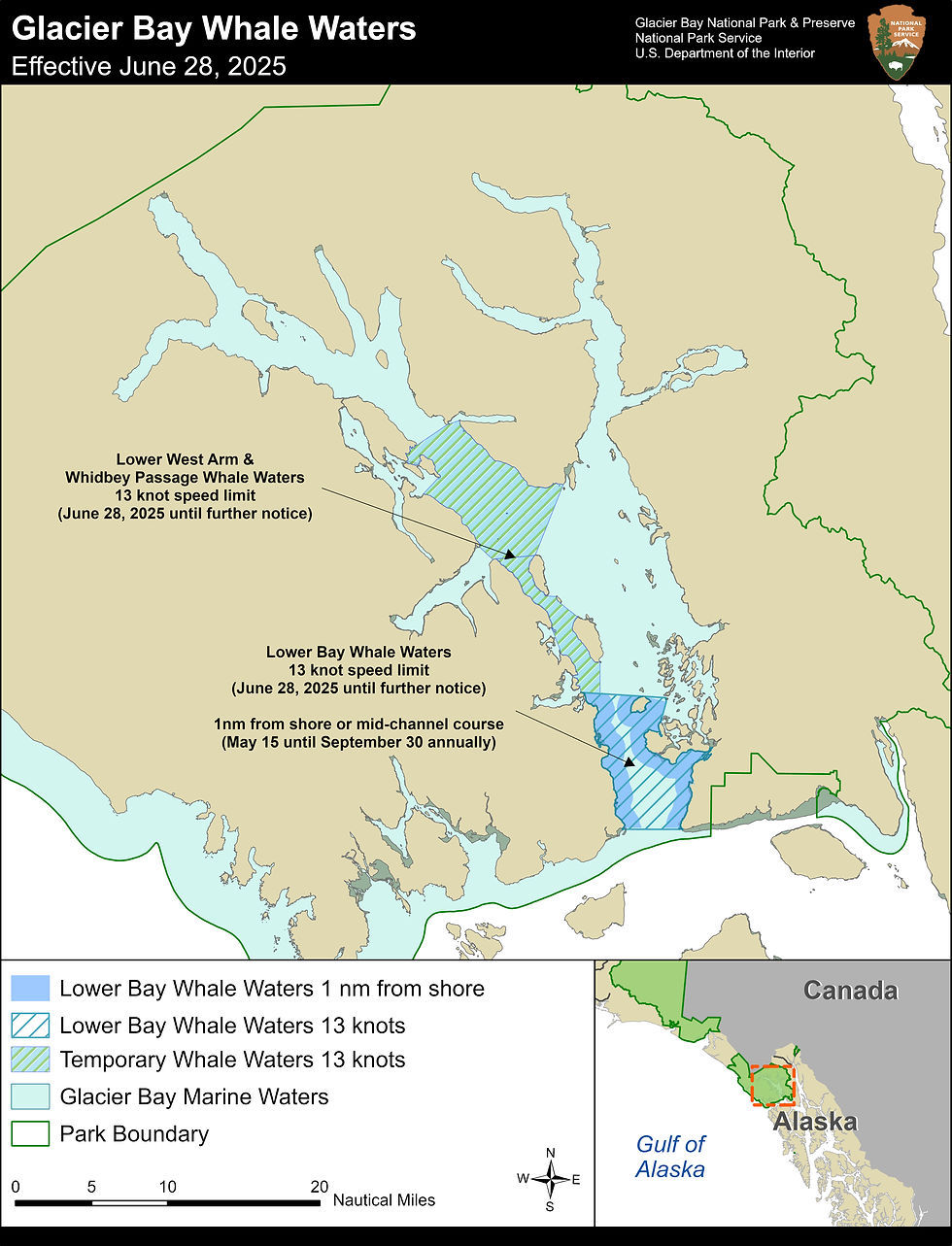 A map shows areas where speed restrictions are in place in Glacier Bay National Park and Preserve. (National Park Service map)