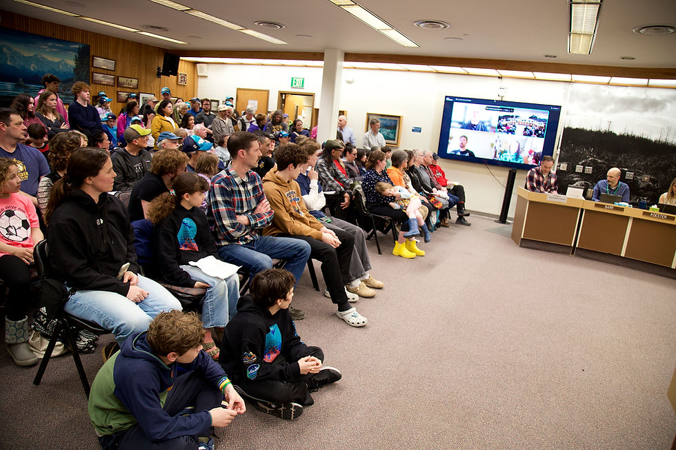 Dozens of people fill the Assembly Chambers to provide and listen to public testimony about next year’s proposed municipal budget during a Juneau Assembly meeting on Wednesday, April 29, 2026. (Mark Sabbatini / Juneau Independent)