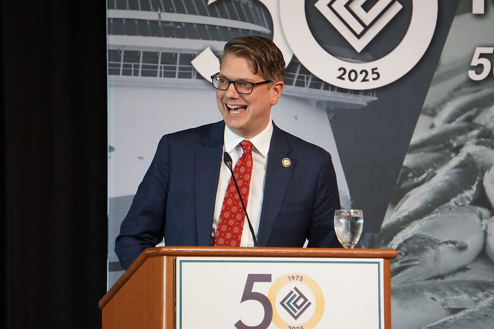 U.S. Rep. Nick Begich, R-Alaska, speaks at the Resource Development for Alaska annual membership luncheon on June 18, 2025. (Yereth Rosen/Alaska Beacon)