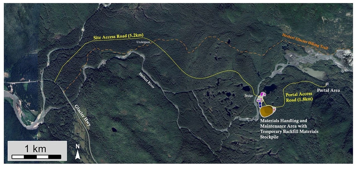 A map shows the planned road and infrastructure layout for the New Amalga Gold Project at the midpoint of a design review process. (Grande Portage Resources Ltd.)
