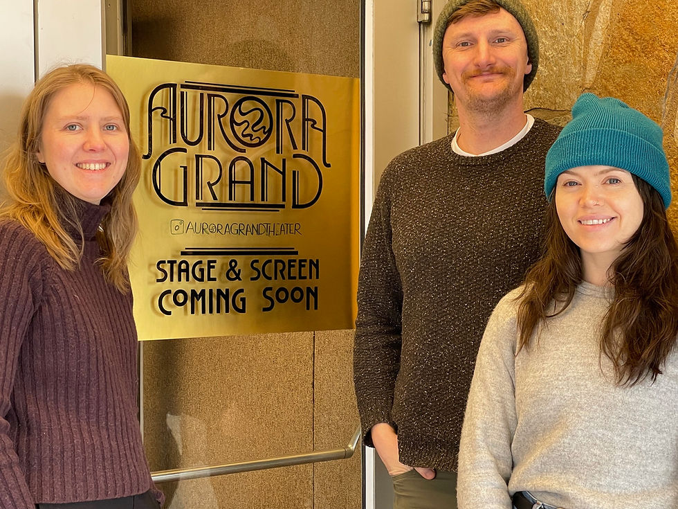 Emelia Sween, James McSweeney and Elise LaBronte are restoring the 86-year-old theater into the new Aurora Grand Theater. The Gross family has recently sold the landmark building which also has apartments being updated on the upper levels by new owners. (Laurie Craig / Juneau Independent)