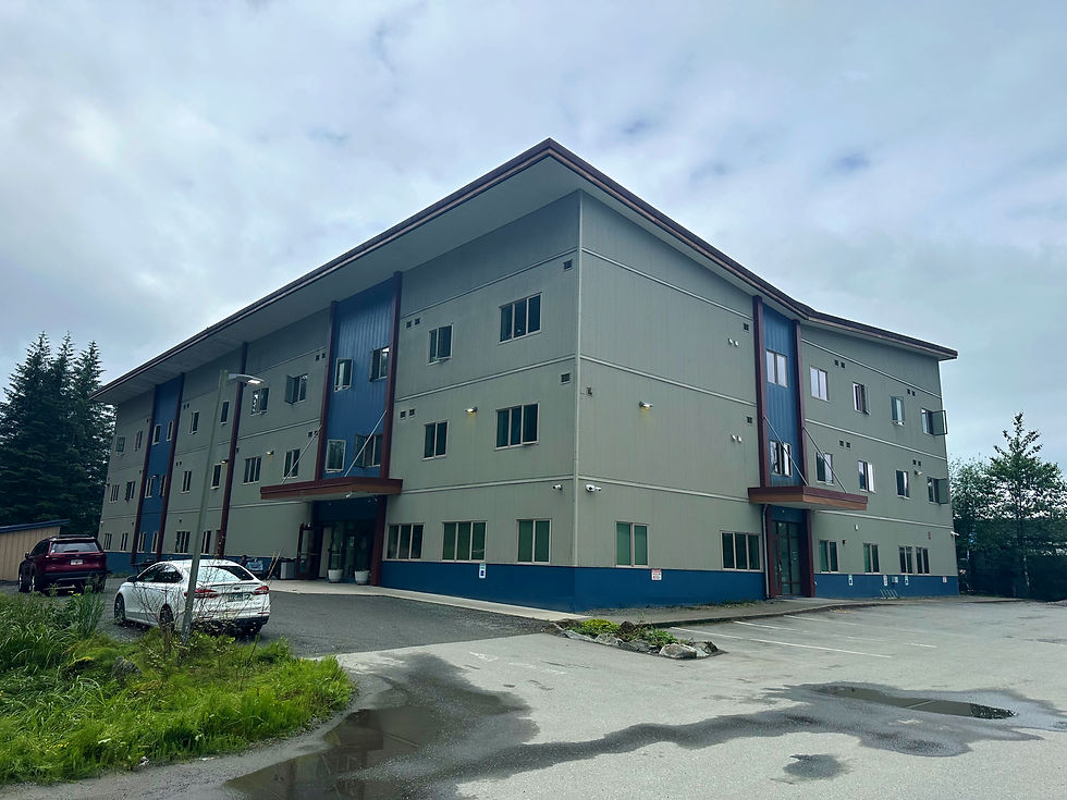 The three-story, 92-unit Forget-Me-Not Manor on July 3, 2025. (Mark Sabbatini / Juneau Independent)
