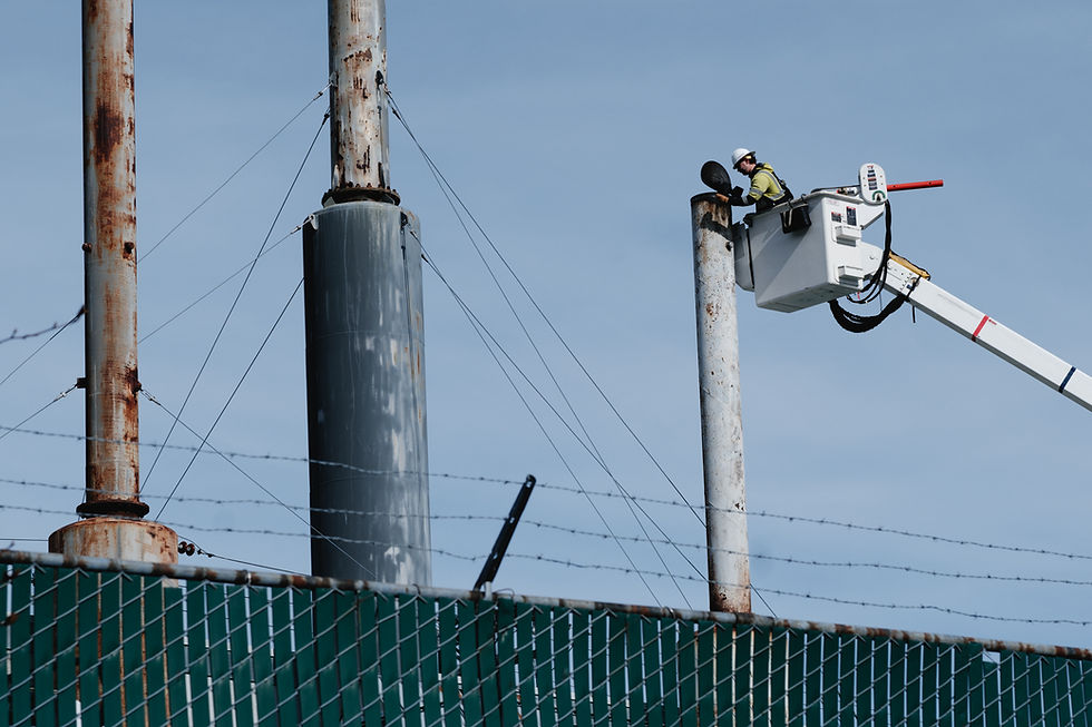 An Alaska Power and Telephone worker inspects an exhaust stack after an explosion on March 27, 2025, at its power plant in downtown Haines. (Will Steinfeld/Chilkat Valley News)