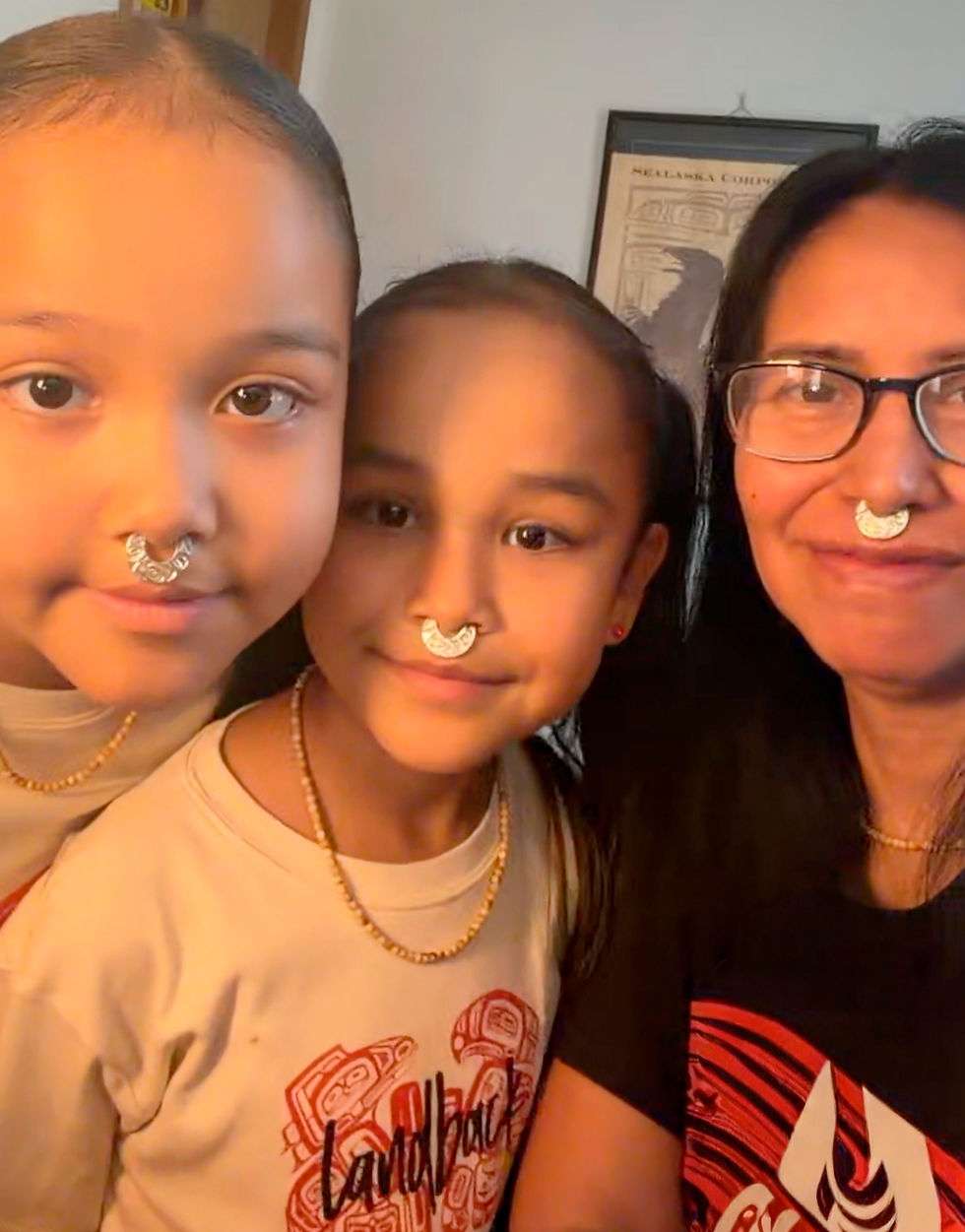 Patricia Dennis, Isabelle Ross and Marion Carman show their traditional nose rings during an interview with The Skagway News. (Gretchen Wehmhoff / The Skagway News)