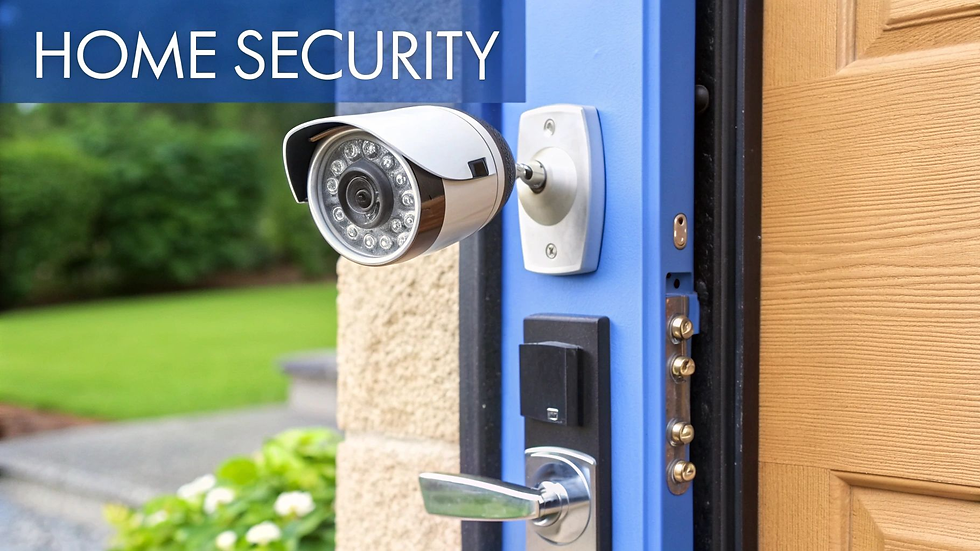 A silver security camera mounted outside on a blue exterior door above a levered handle that has a smart lock. In the background you can see a green grassy yard and a concrete sidewalk next to the home and green bushes next to the grass.