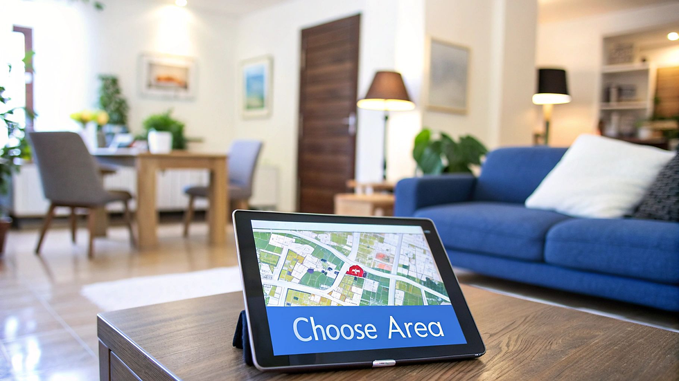 Aliving room with a blue couch and a small 2 seat dining table with a wood table at the front of the picture with a tablet propped up that says Choose Area with a map on the screen.