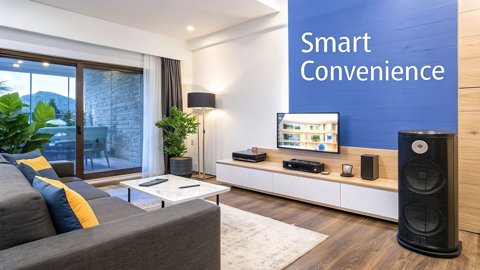 Smart home devices with a TV on a wall in a living room with a grey couch and brown wood floors.