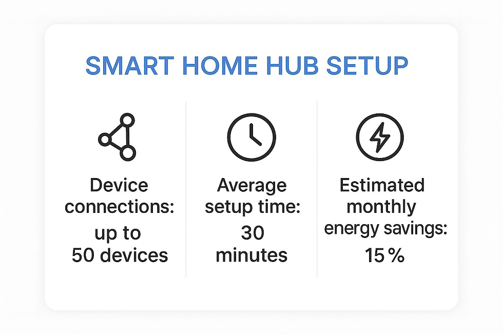 A picture diagram showing how many devices a smart home hub can connect, 30 minute setup time and 15% estimated monthly energy savings.
