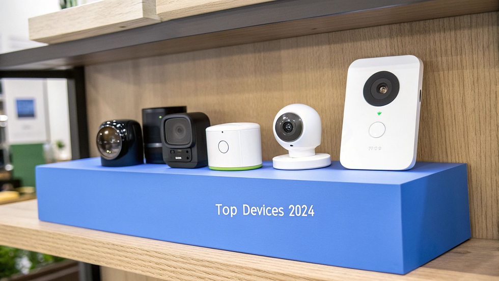 Light brown wood shelves on a wall with smart home devices sitting on a blue box that says top devices 2024.