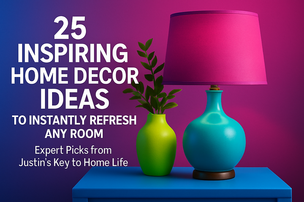 A blue lamp with a pink shade and a green vase with a green leafy plant on top of a blue table. Words saying: 25 Inspiring Home Decor Ideas.