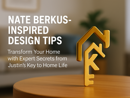 A wood table with my logo standing on it and the words saying Nate Berkus- Inspired Design Tips