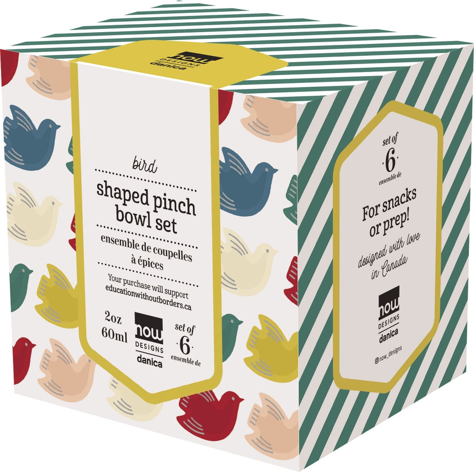 Thumbnail: box with description of six multi colored pinch bowl dishes in the shape of birds
