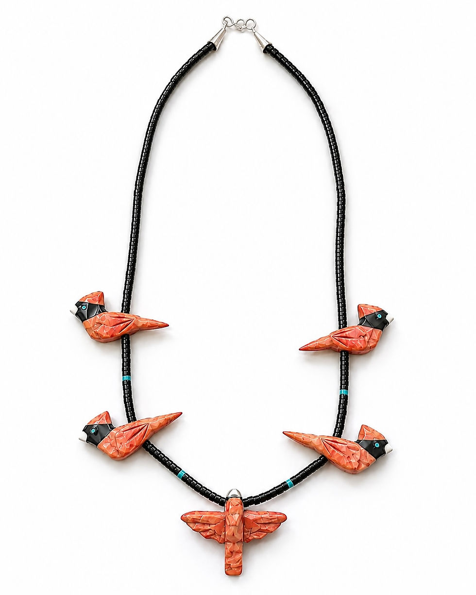 hand carved cardinal necklace with 5 red fetish birds