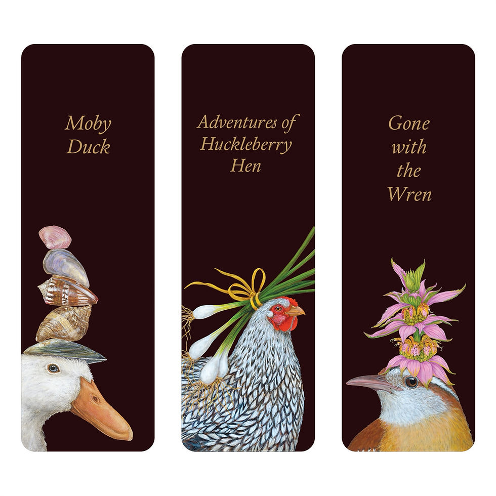 Bookmarks with birds wearing hats by Vicki Sawyer
