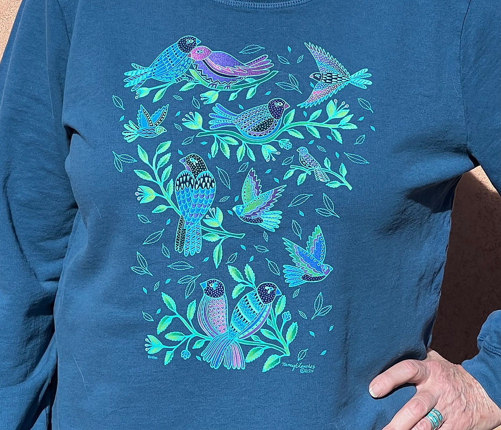 Thumbnail: a blue sweatshirt with a pattern of bright blue birds and foliage