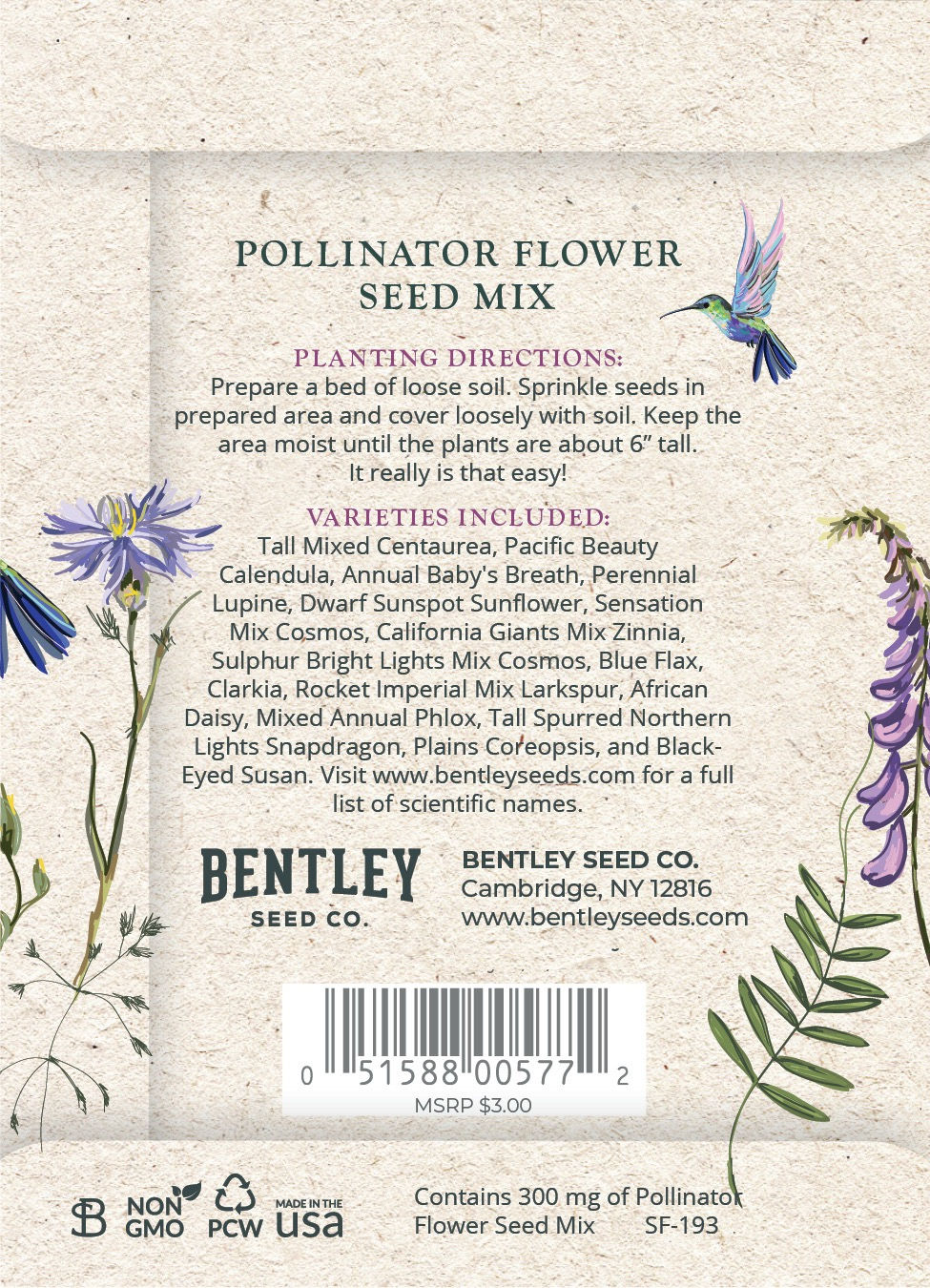 Thumbnail: back of pollinator seed packet with list of flowers