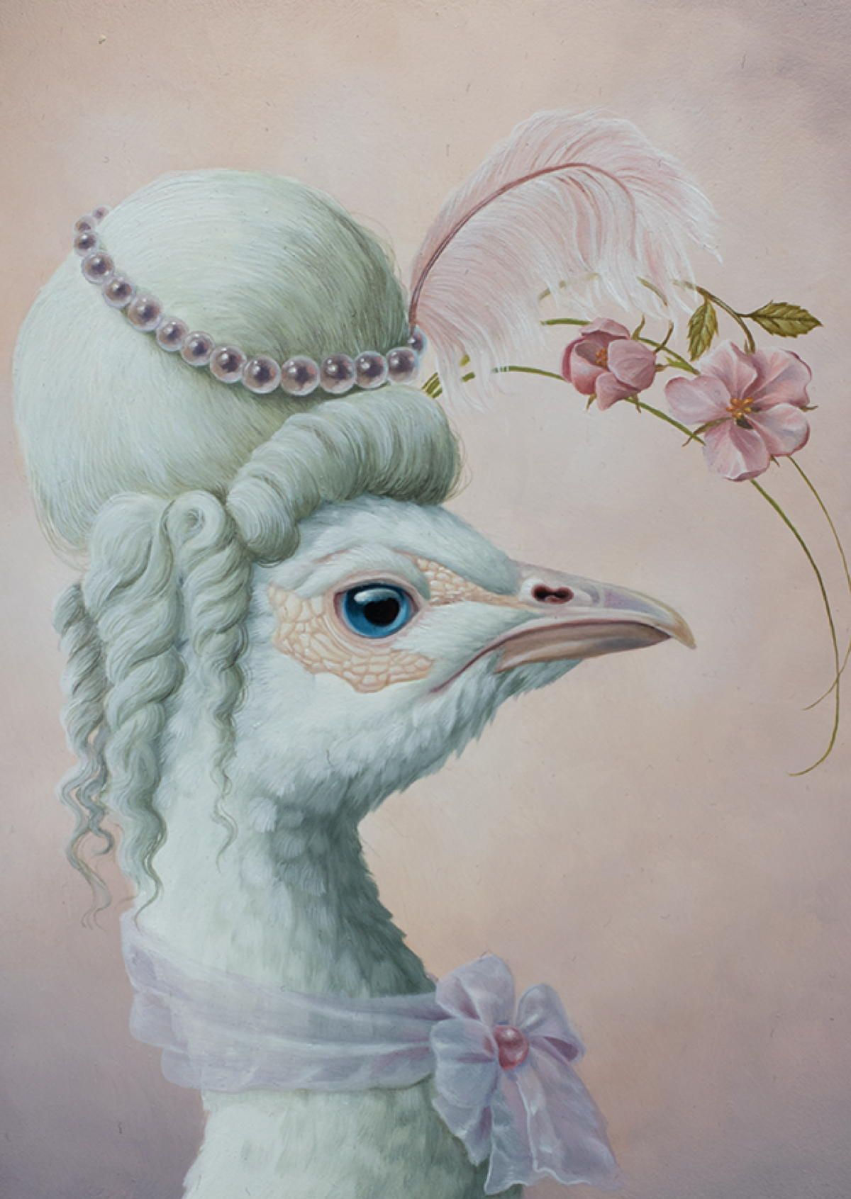 a beautiful white peahen wearing a wig and pearls art by Suzan Visser