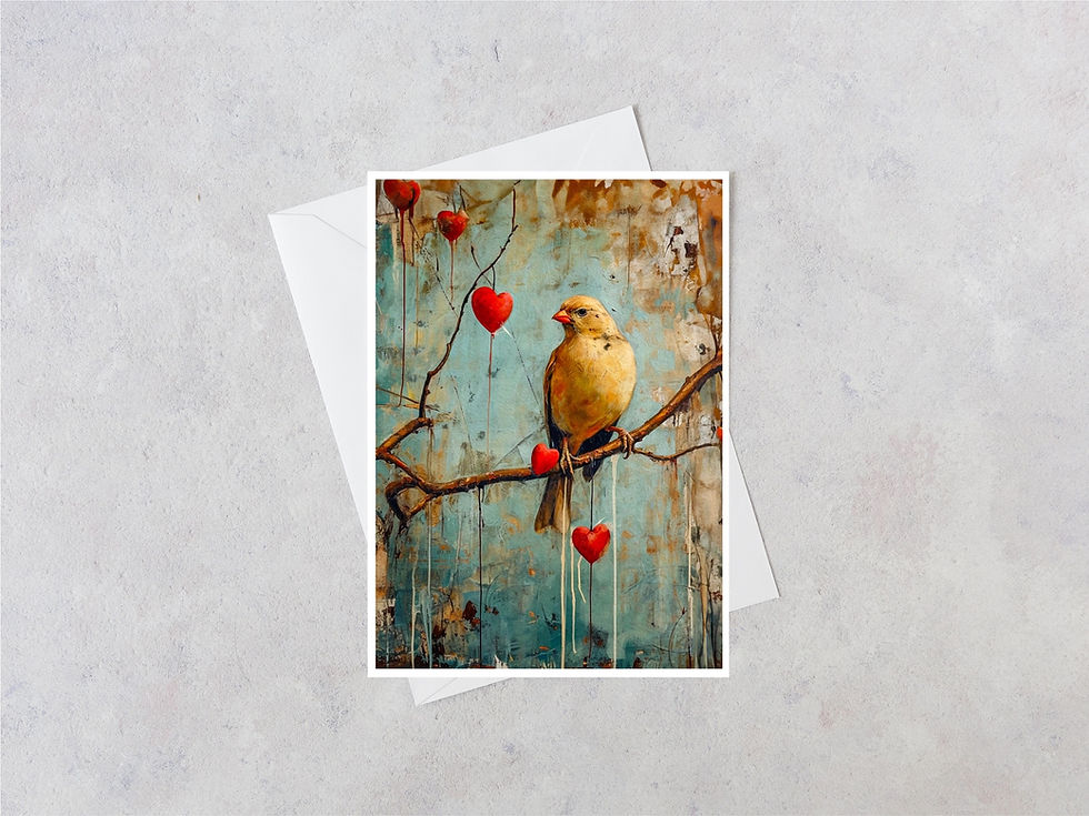 yellow bird perched on branch with dangling hearts
