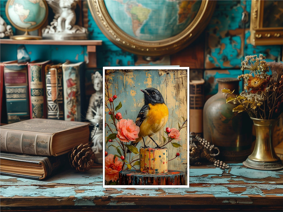 Thumbnail: oriole perched on top of a cake with surrounding flowers