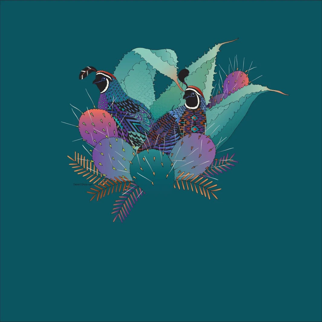 front image of Sabaku shirt with quail and prickly pear