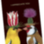 Two finches looking at each other with flowers on their heads on the front of a greeting card