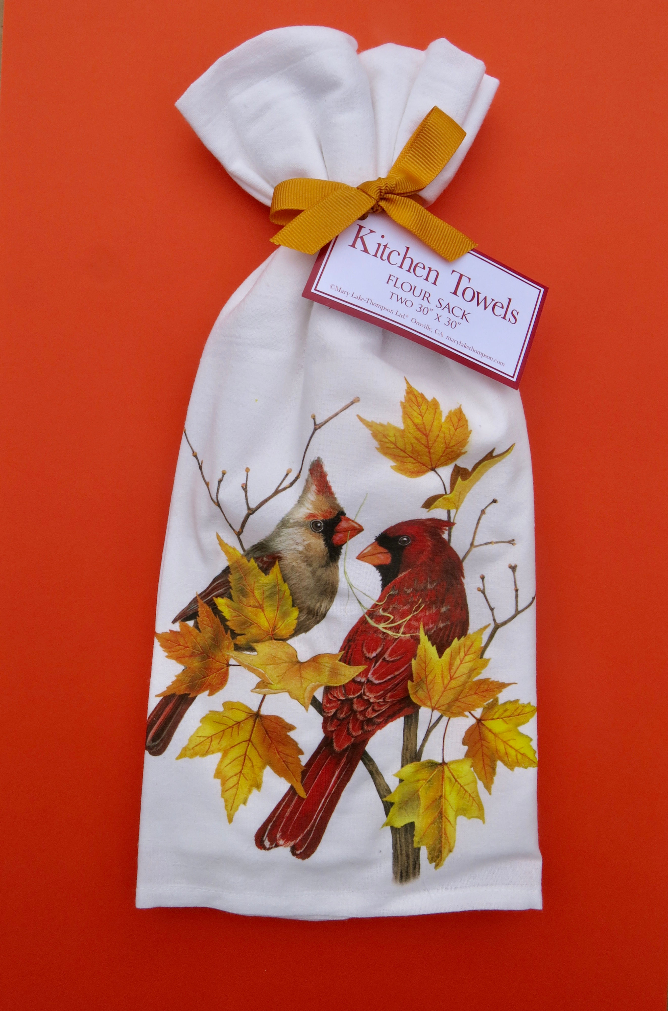 Cardinals and Leaves Set of Two Flour Sack Towels by Mary Lake Thompson