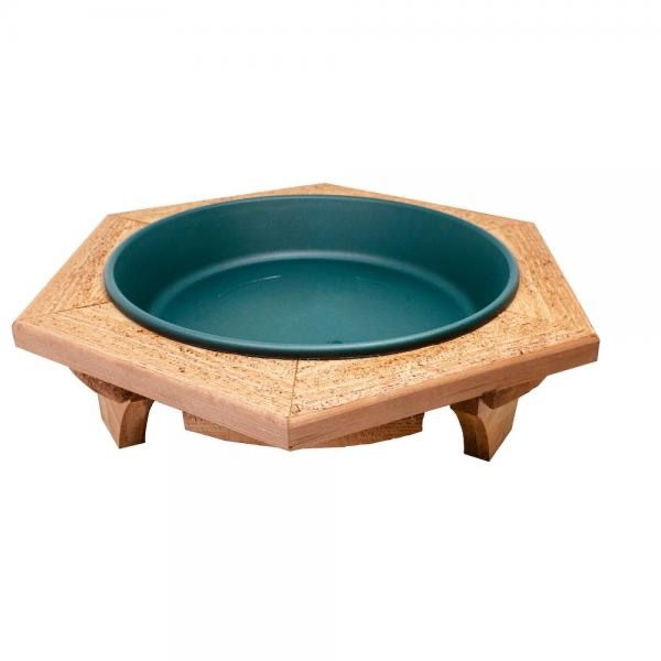 wooden cedar birdbath with green pan insert