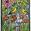 Thumbnail: woodblock print of goldfinches perched on a birdbath surrounded by flowers
