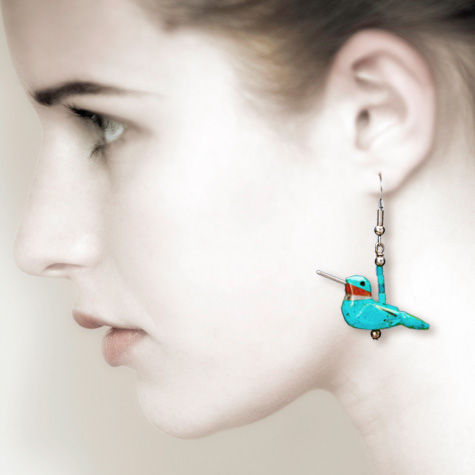 Thumbnail: hand carved turquoise hummingbird fetish earrings by Matt Mitchell