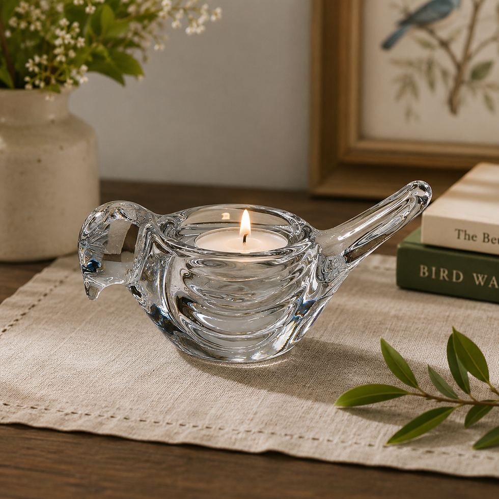 a clear glass taper tea light holder in the shape of a bird on a table with objects