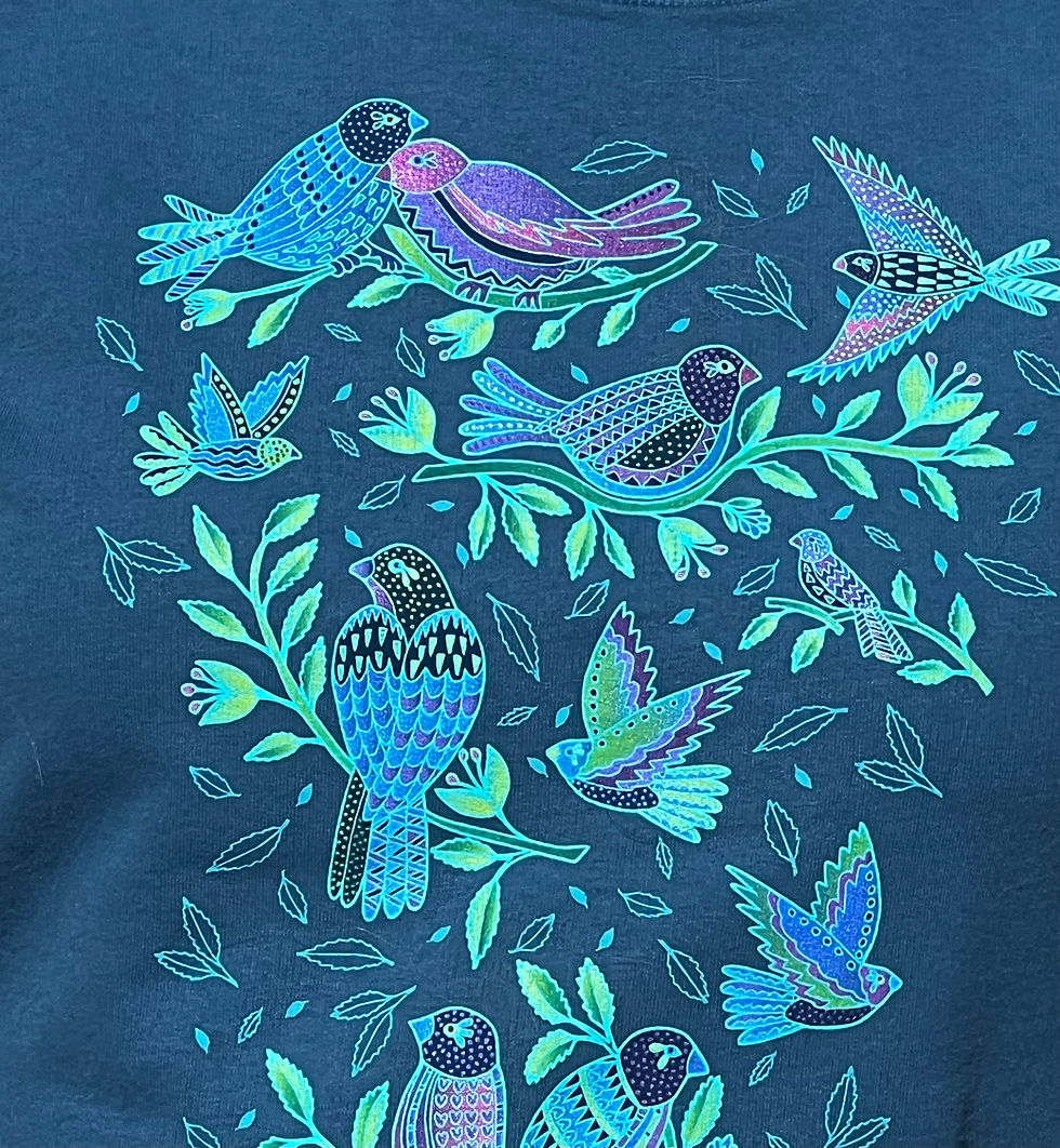 a blue sweatshirt with a pattern of bright blue birds and foliage