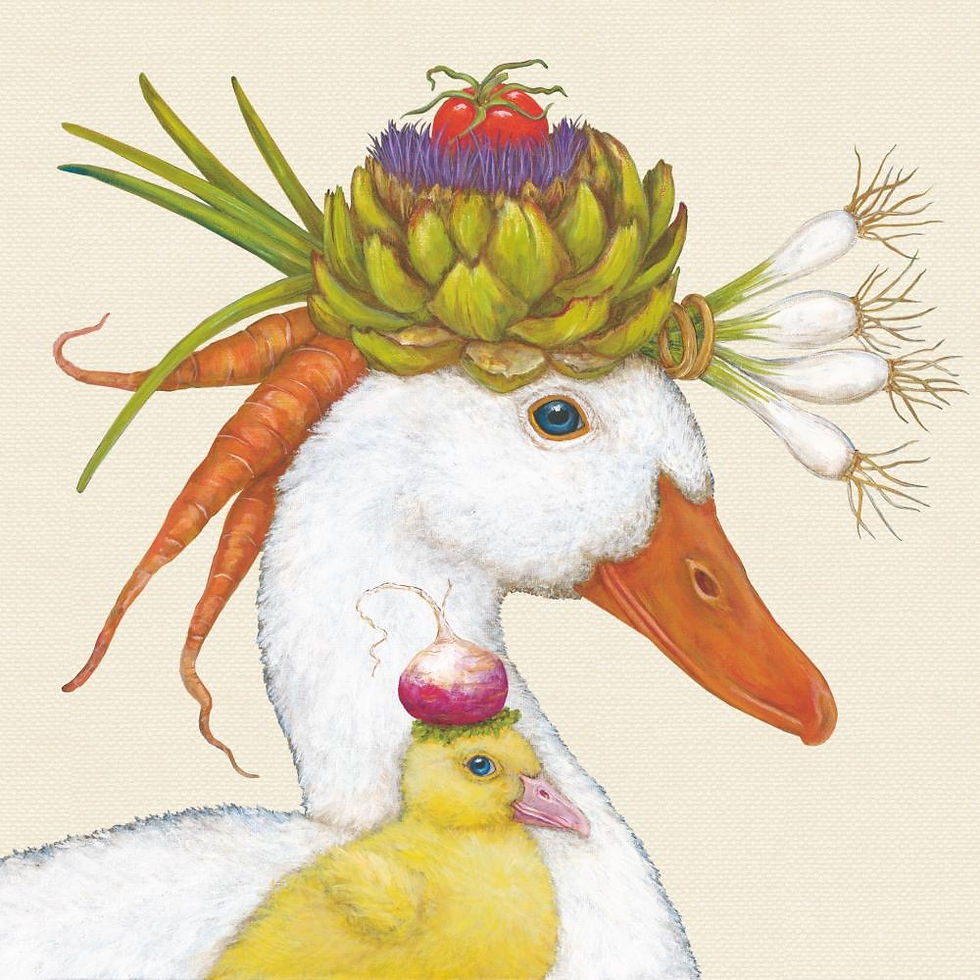 white goose with yellow chick wearing vegetables for hats