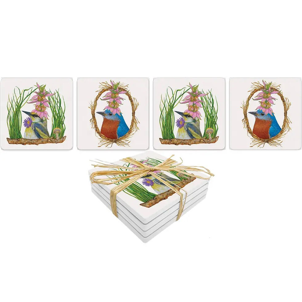 Four Bird coasters featuring whimsical botanical hats by Vicki Sawyer