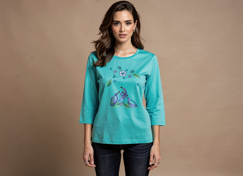 Thumbnail: Woman wearing turquoise t-shirt with three quail and flowers pattern