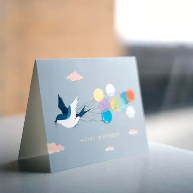 Thumbnail: a card with a bird flying carrying some balloons and the words Happy Birthday on the front of the card