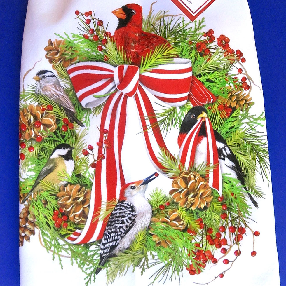 Thumbnail: Holiday Wreath with Birds - Flour Sack Towels by Mary Lake Thompson