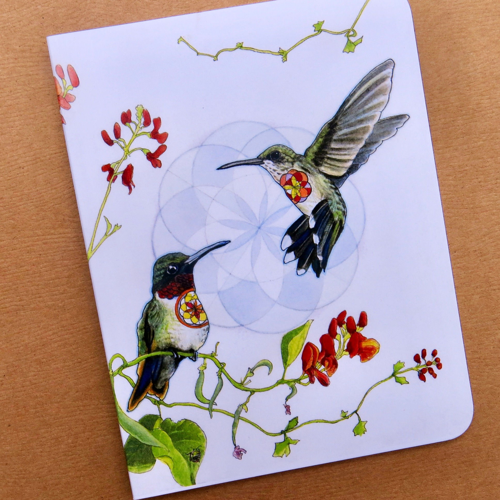 two hummingbirds and flowers on the front of a notecard