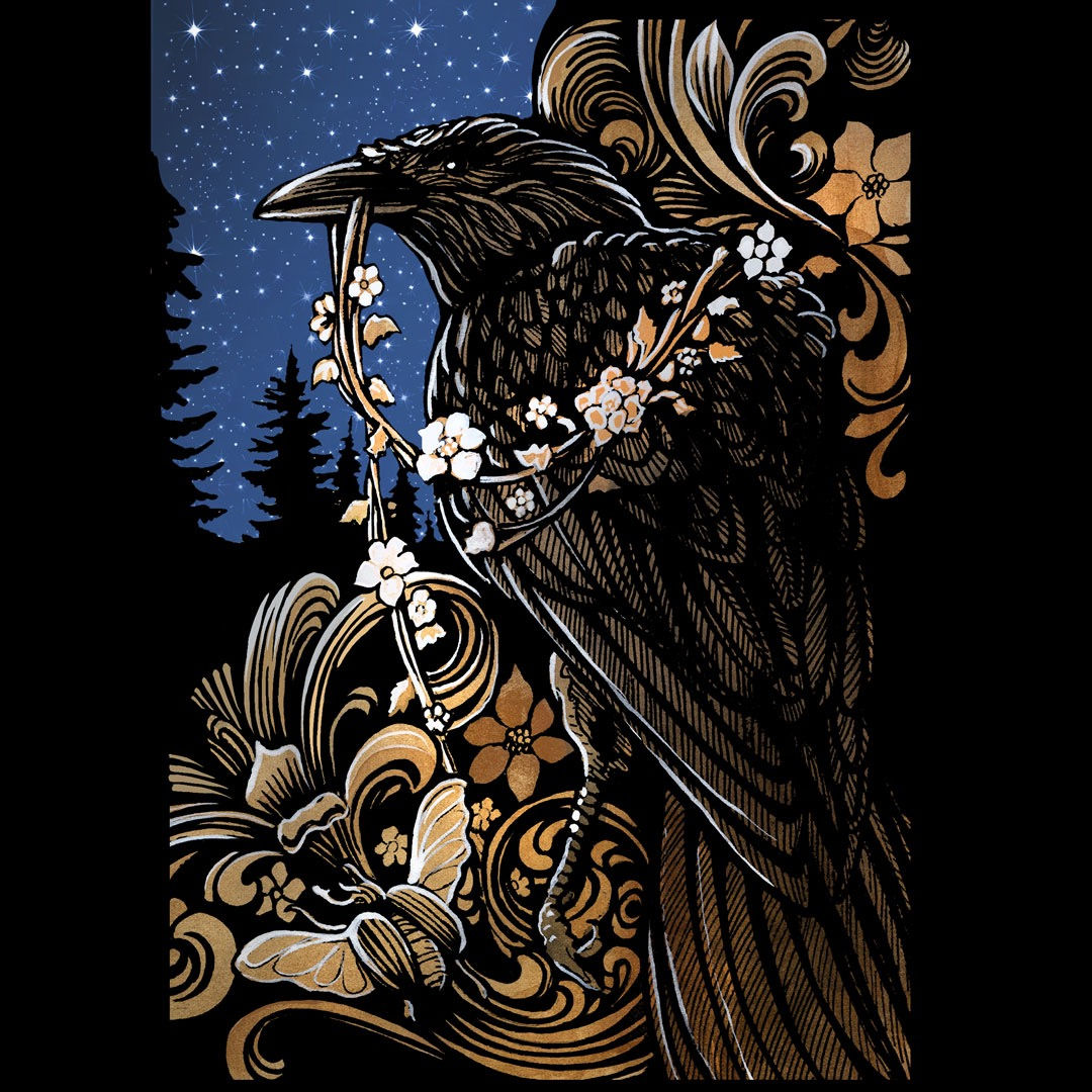 raven with garland of flowers