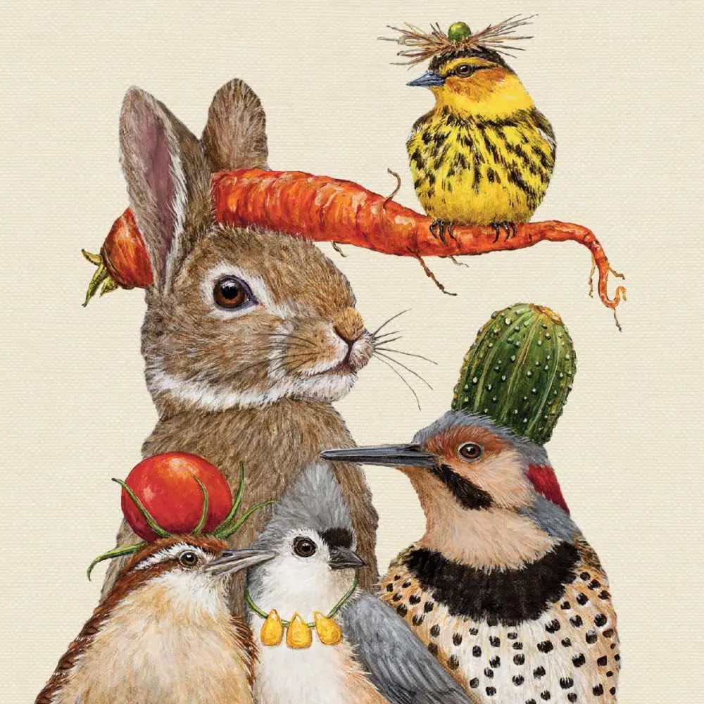 bunny and birds wearing vegetable hats