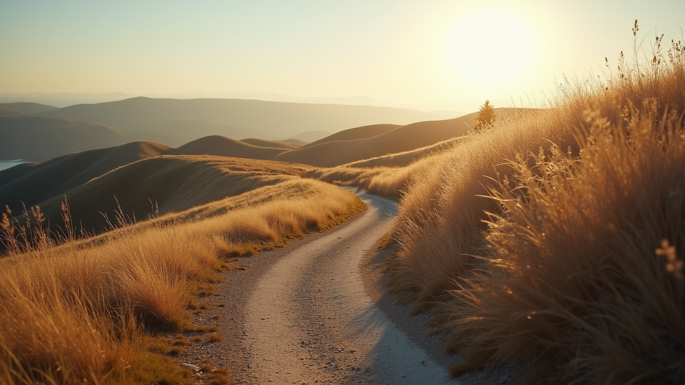 Eye-level view of a serene landscape with a winding path