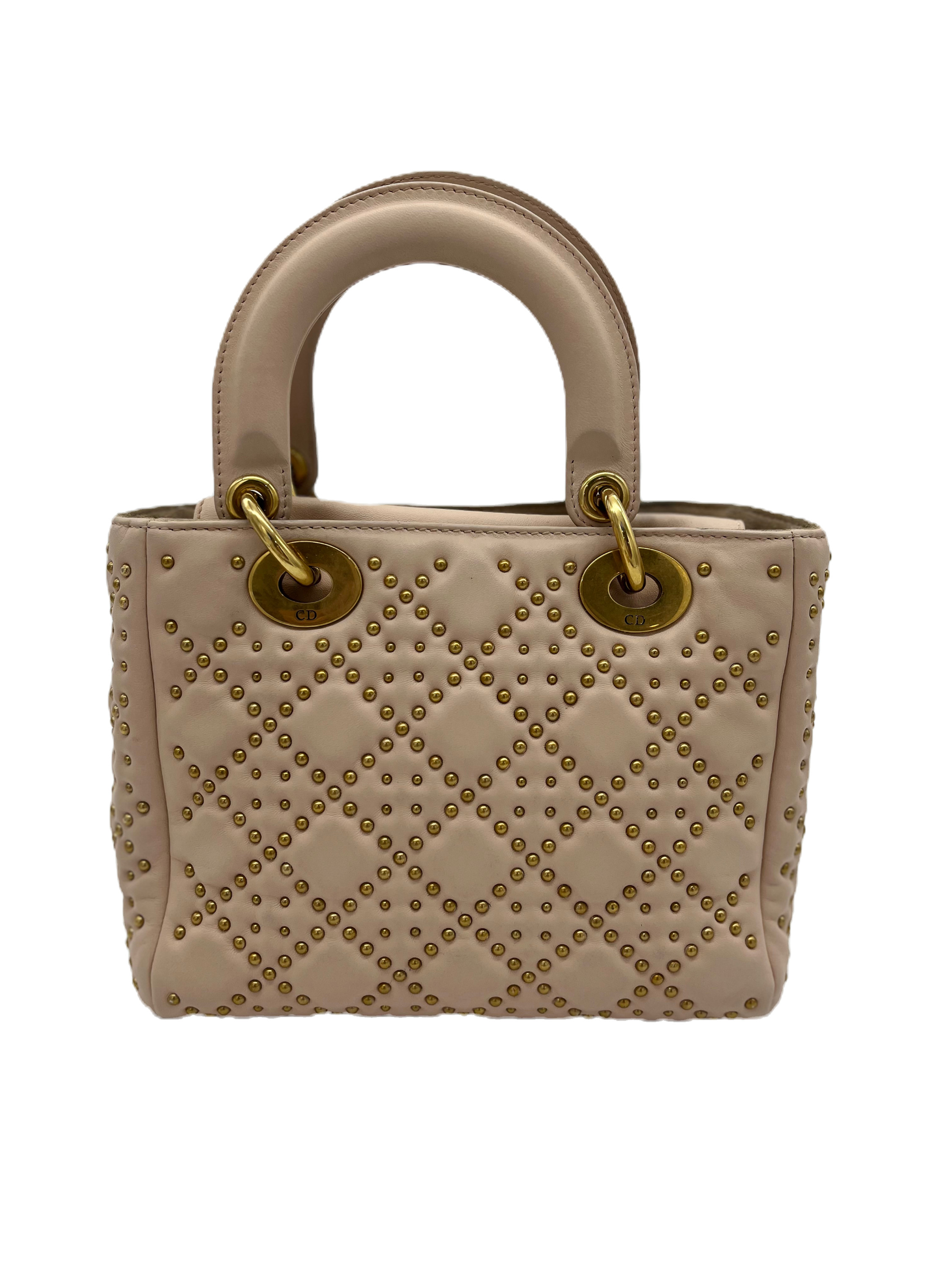 Lady Dior Small bag in latte lambskin with Cannage stitching and studded detail — pre-loved Christian Dior at The Handbag Room Australia
