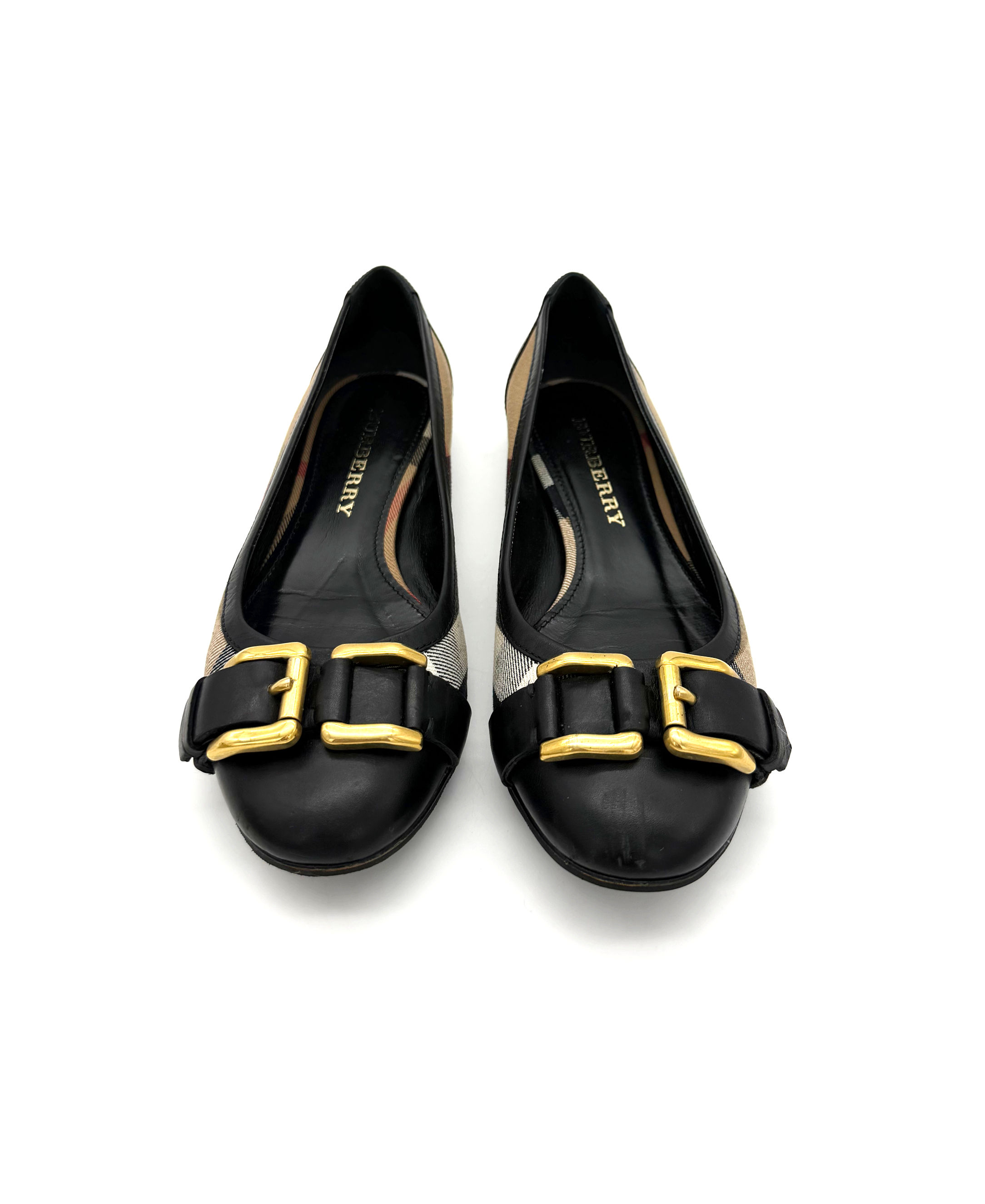 Burberry Nova Checked Black Flats with Gold Buckle