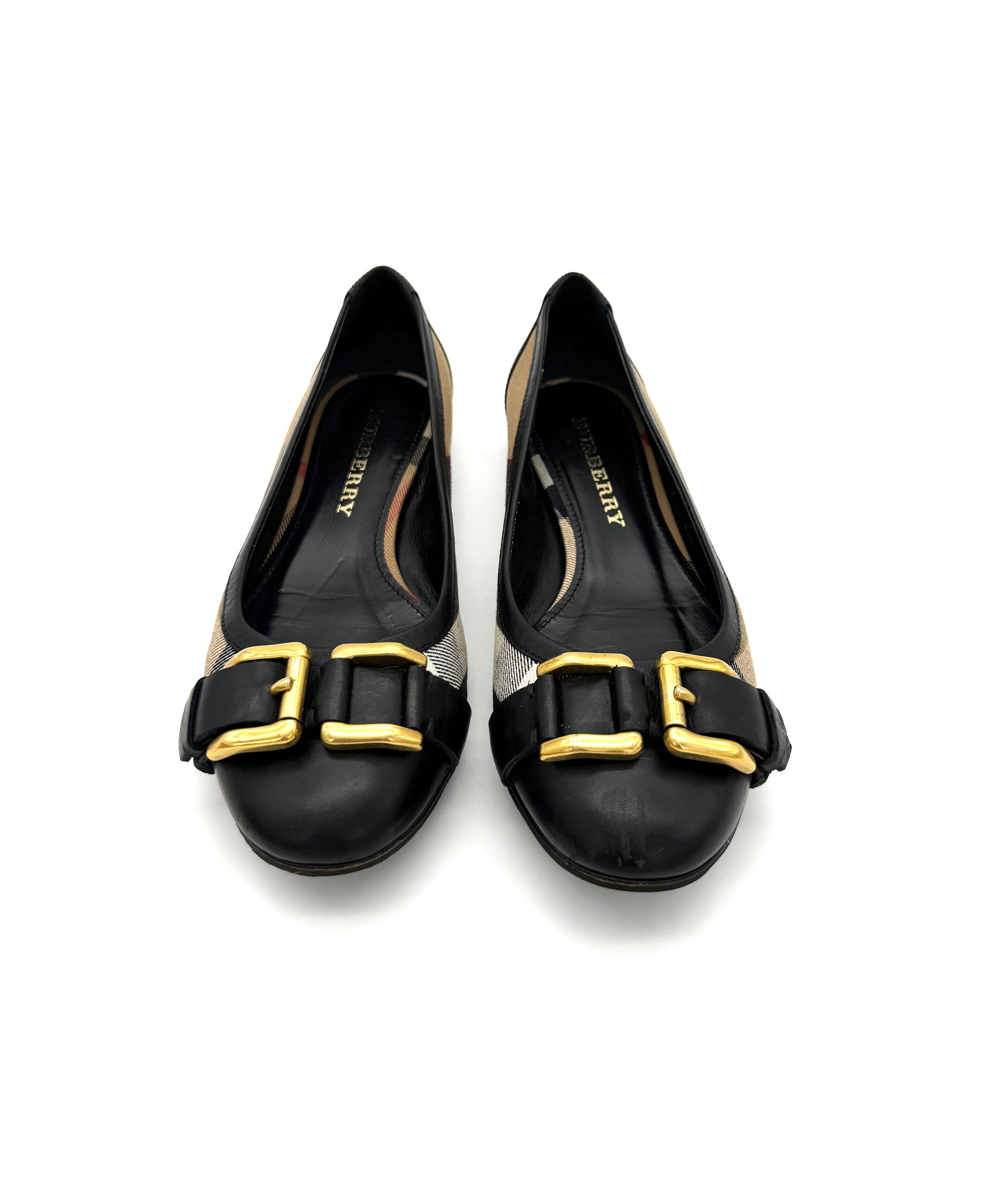 Burberry Nova Checked Black Flats with Gold Buckle image 4