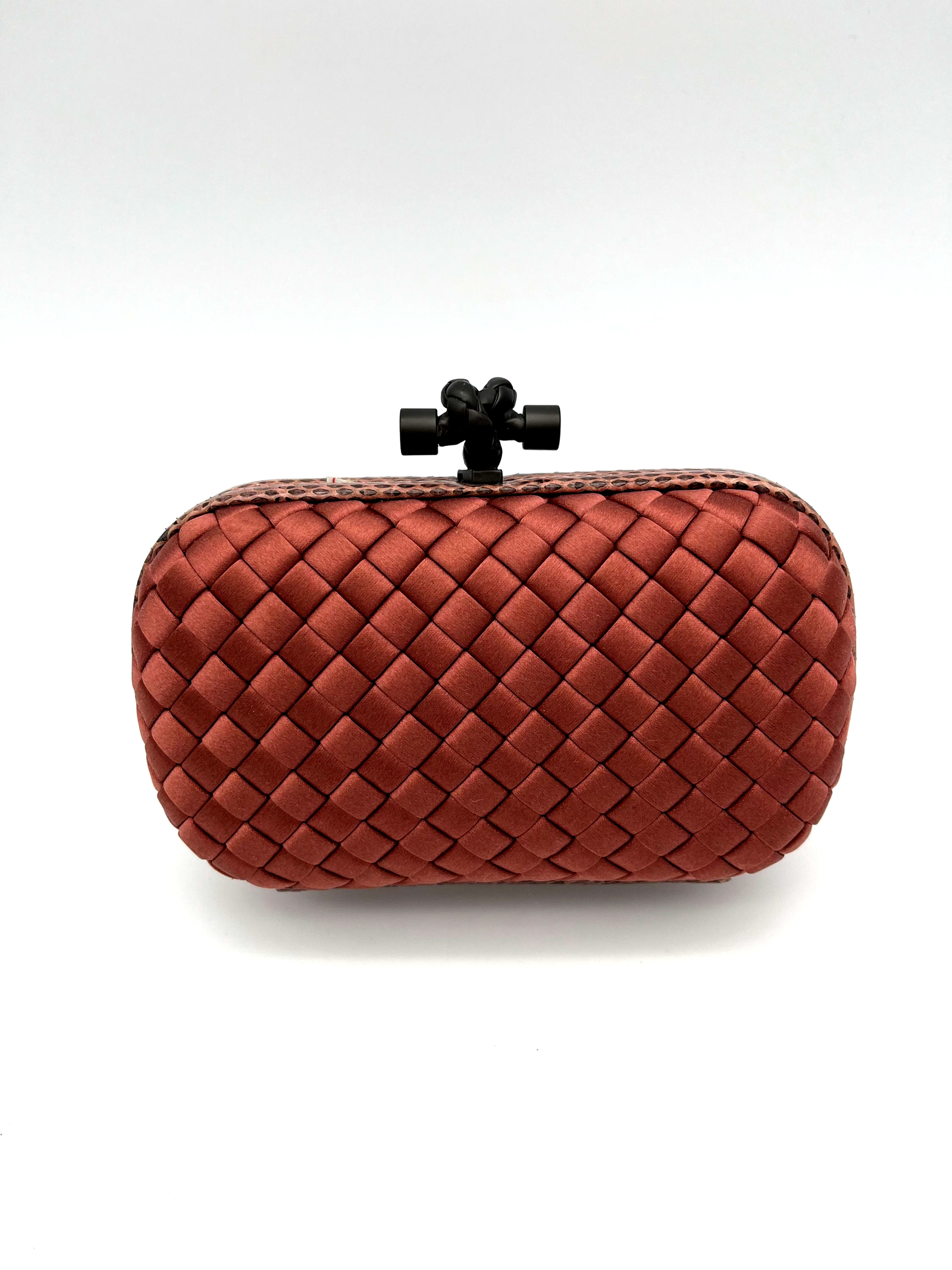 Bottega Veneta Beige Intrecciato Satin & Ayers Trim Knot Clutch — pre-loved Bottega Veneta at The Handbag Room Australia