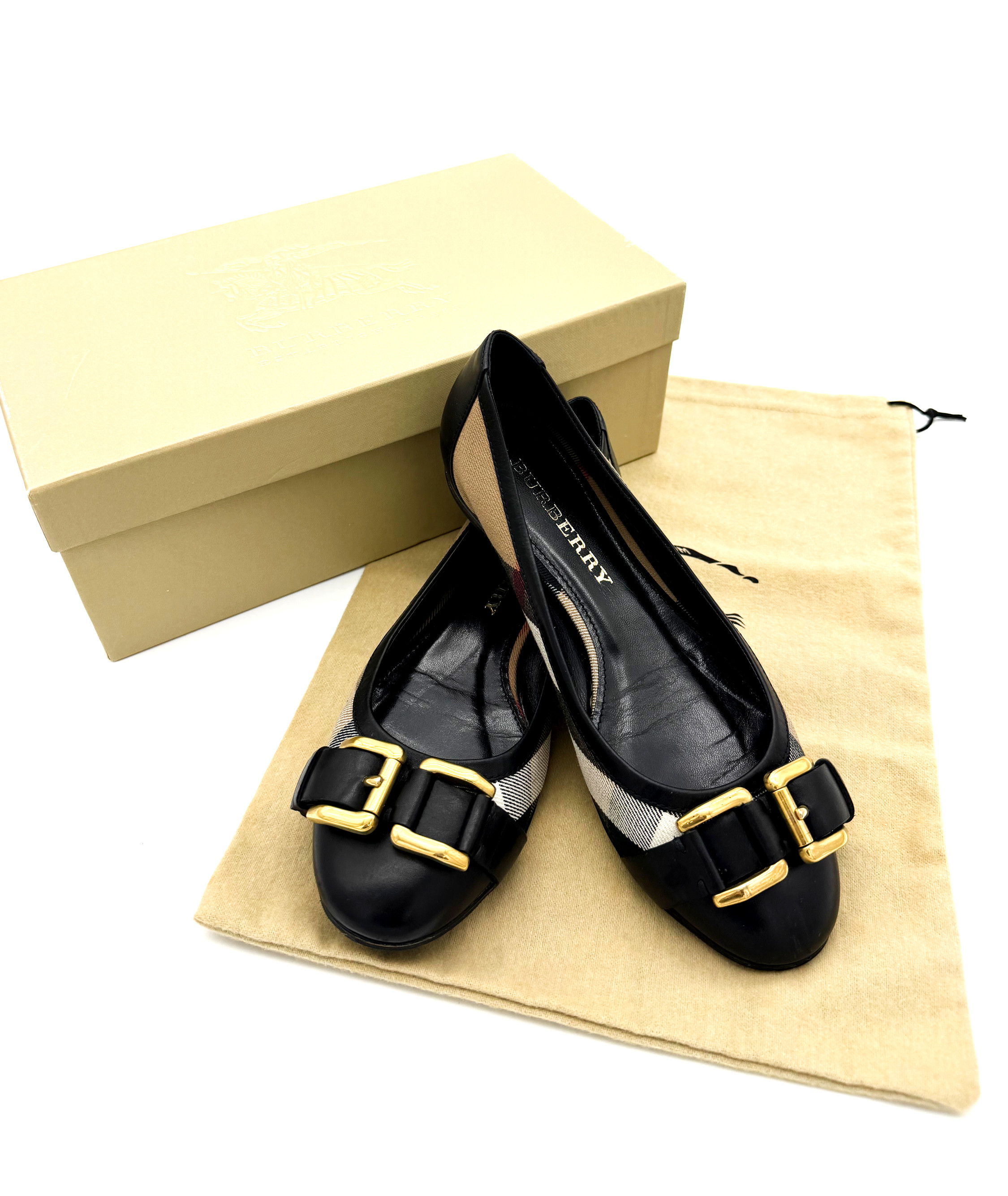 Burberry Nova Checked Black Flats with Gold Buckle image 3