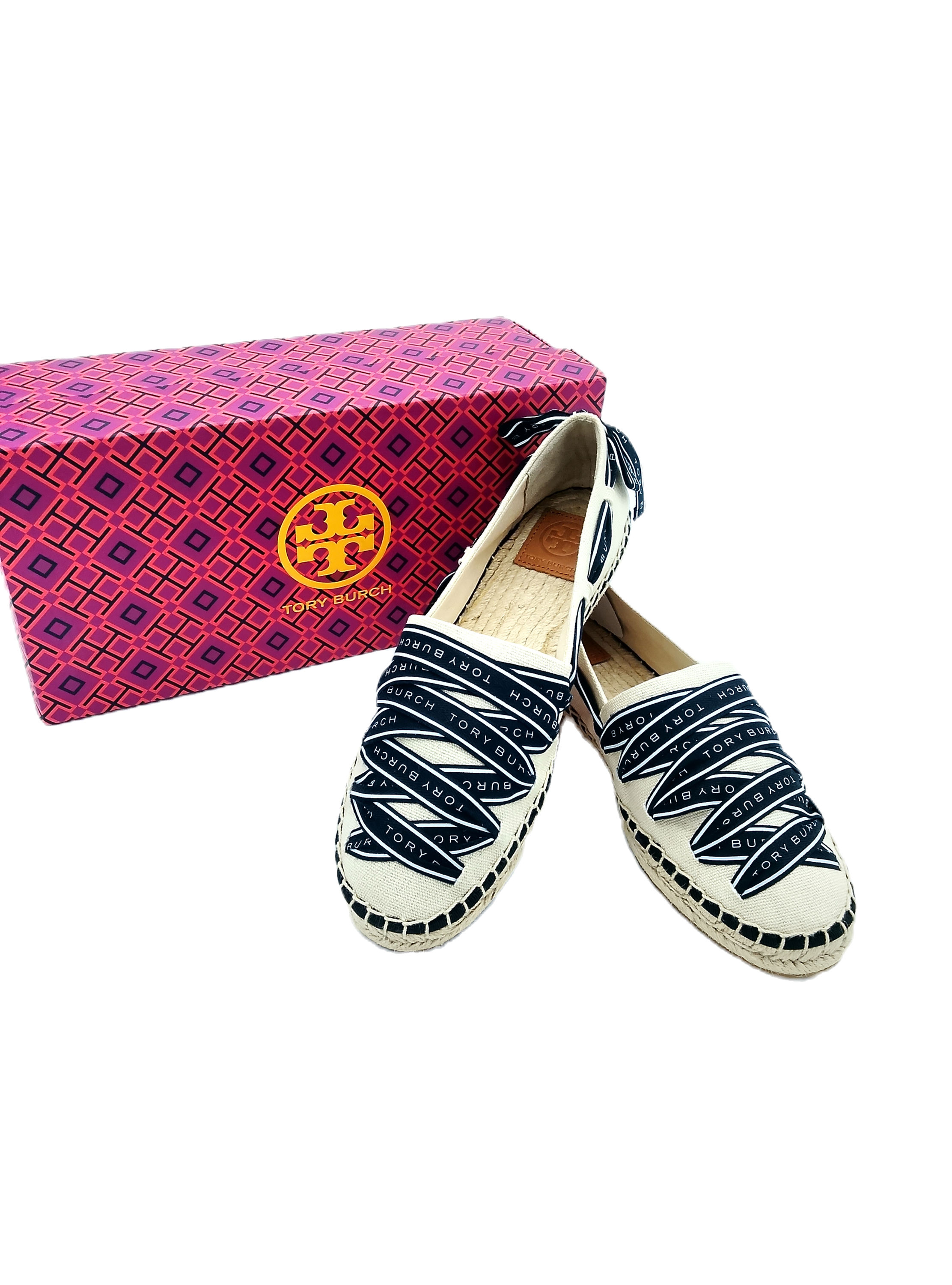 Tory Burch Logo Grosgrain Espadrilles Canvas Logo Herringbone