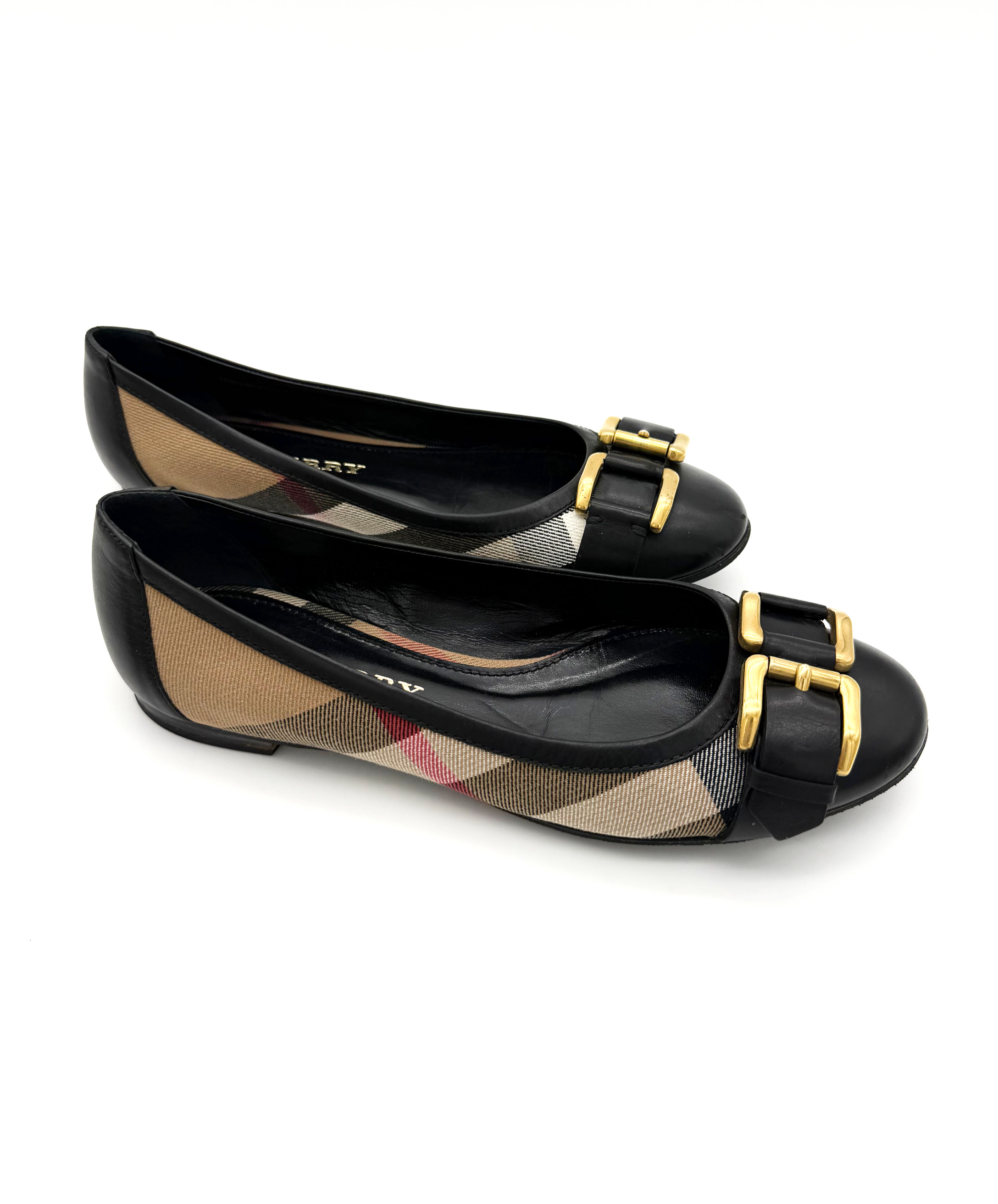 Burberry Nova Checked Black Flats with Gold Buckle image 6