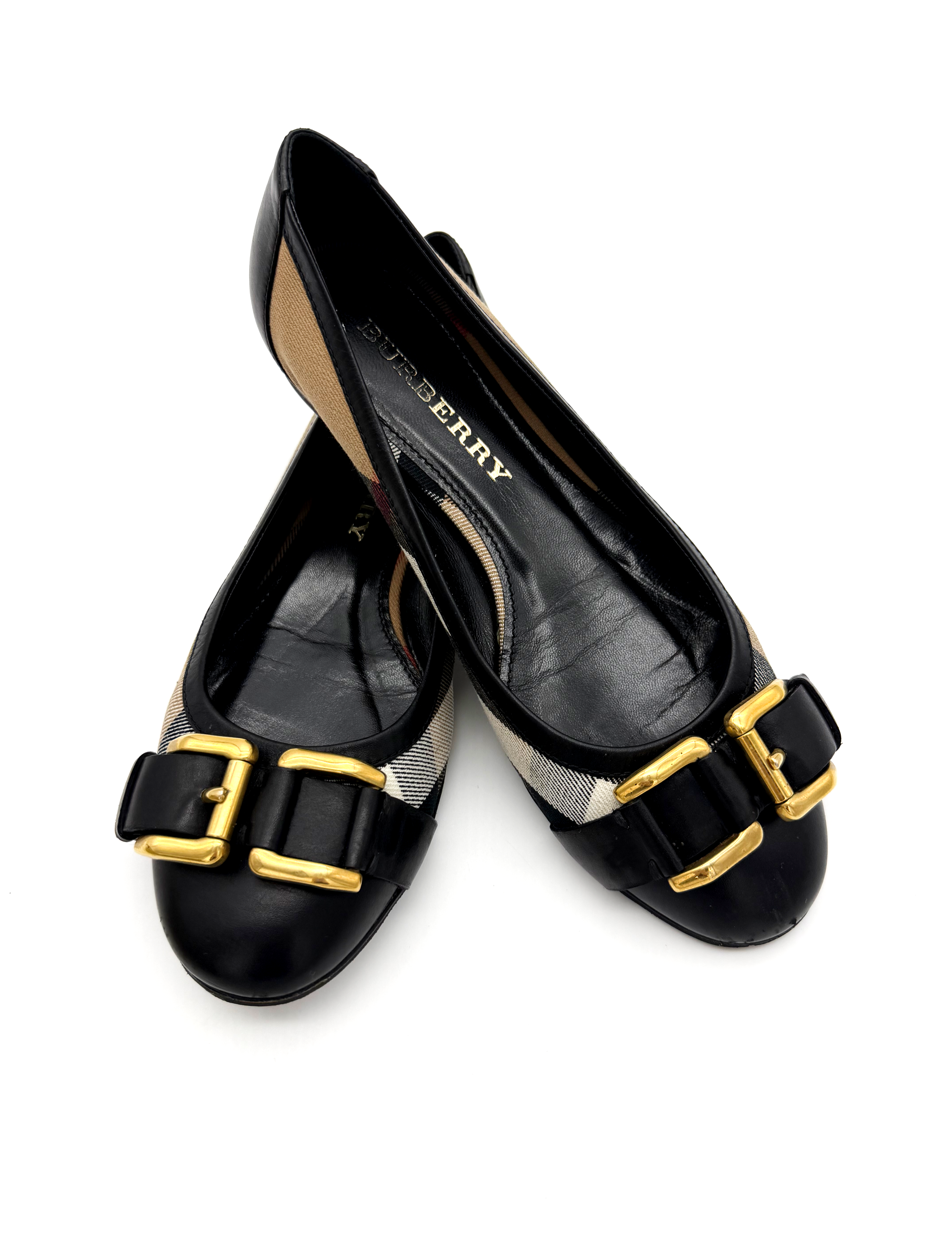 Burberry Nova Checked Black Flats with Gold Buckle image 2